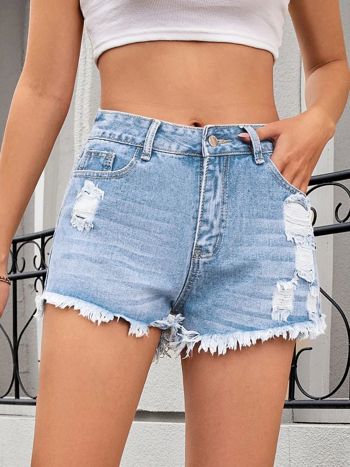 Distressed Raw Hem Denim Shorts - Aura Apparel