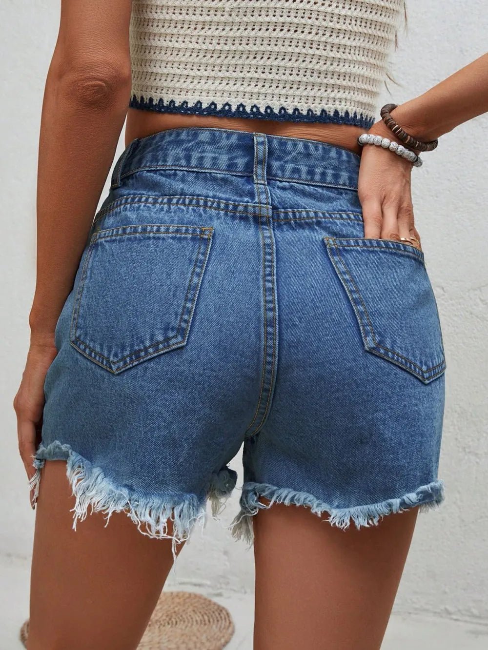 Distressed Raw Hem Denim Shorts - Aura Apparel