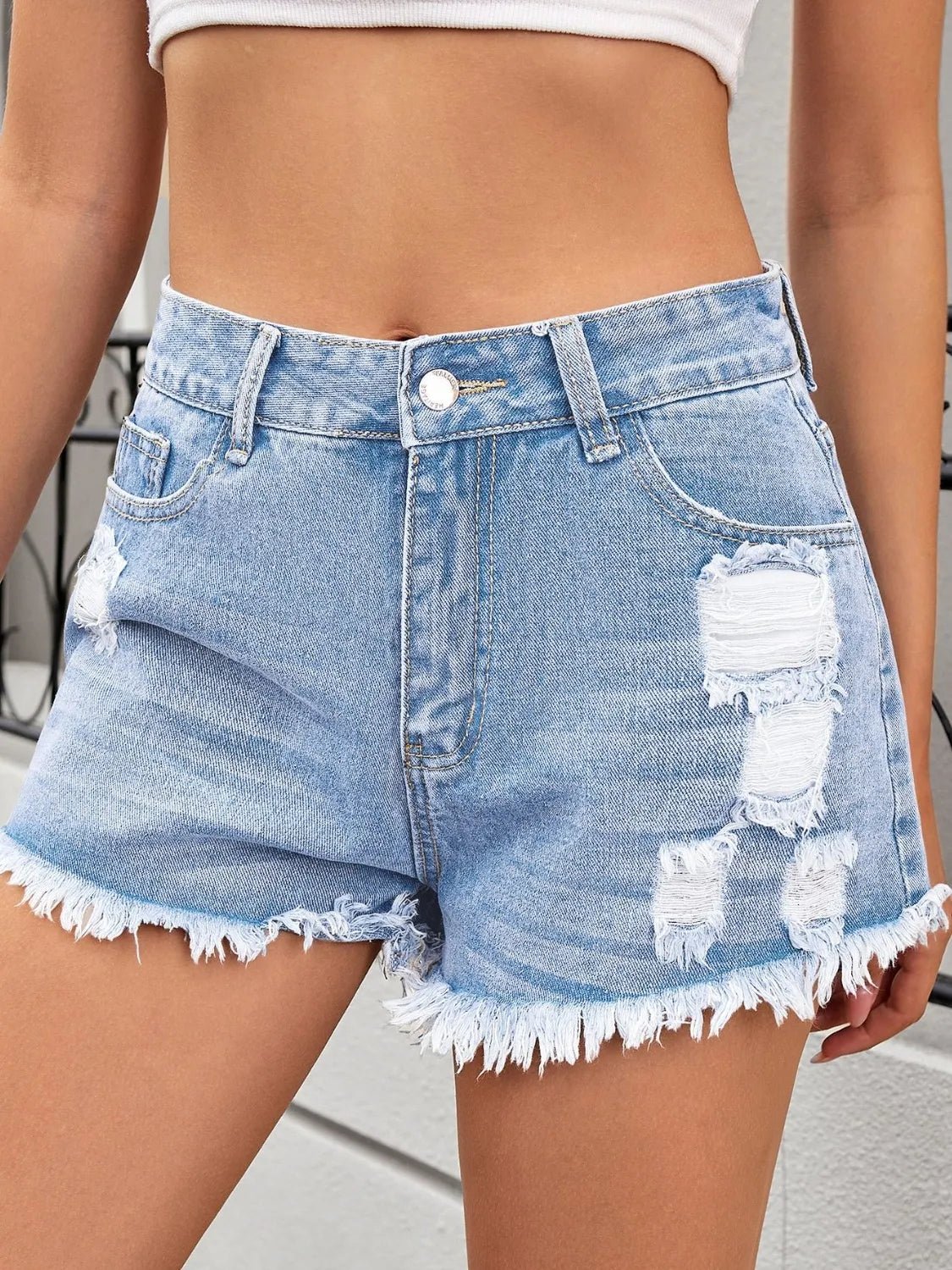 Distressed Raw Hem Denim Shorts - Aura Apparel