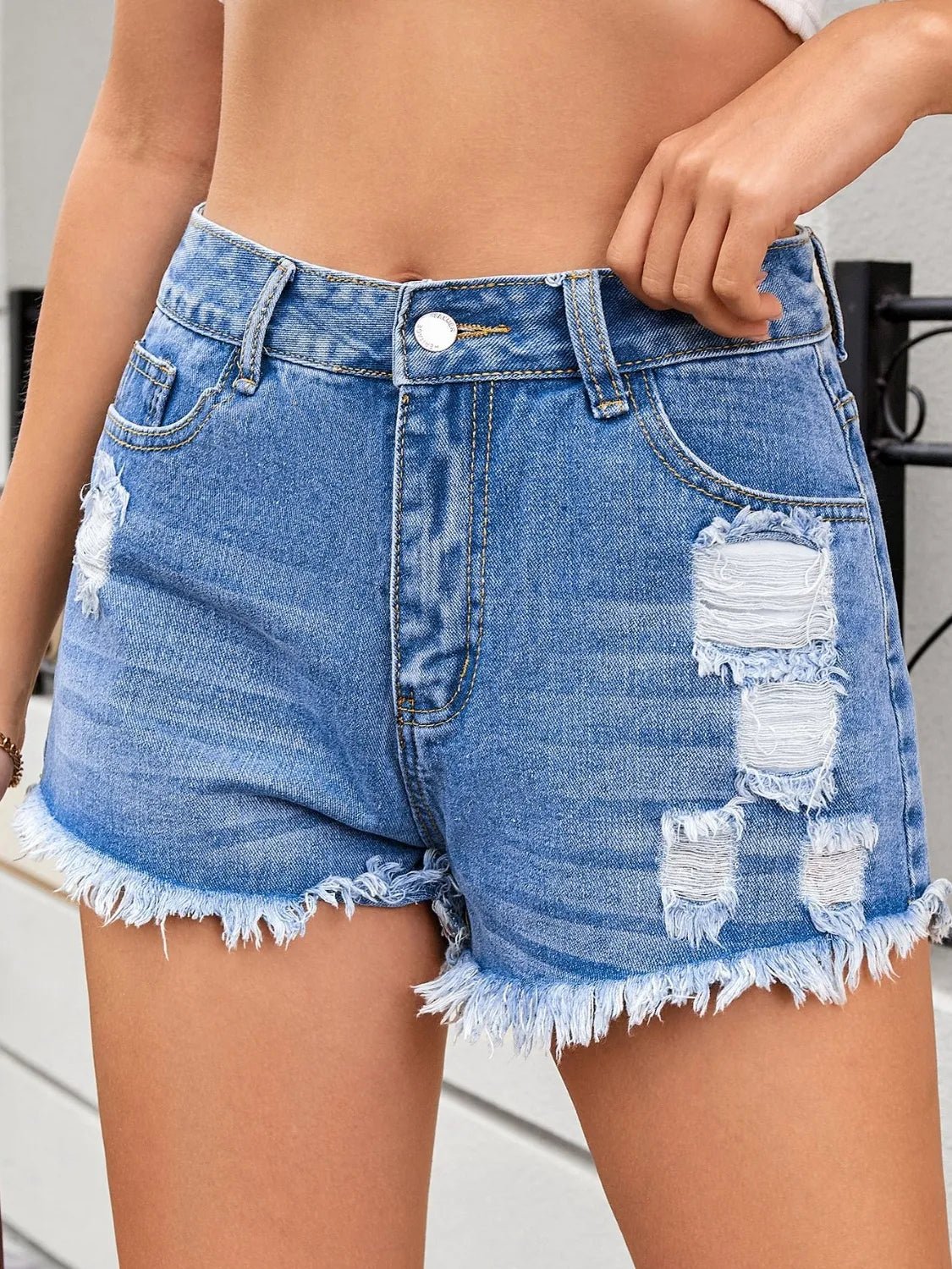 Distressed Raw Hem Denim Shorts - Aura Apparel
