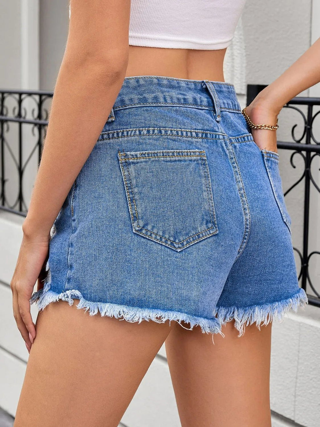 Distressed Raw Hem Denim Shorts - Aura Apparel