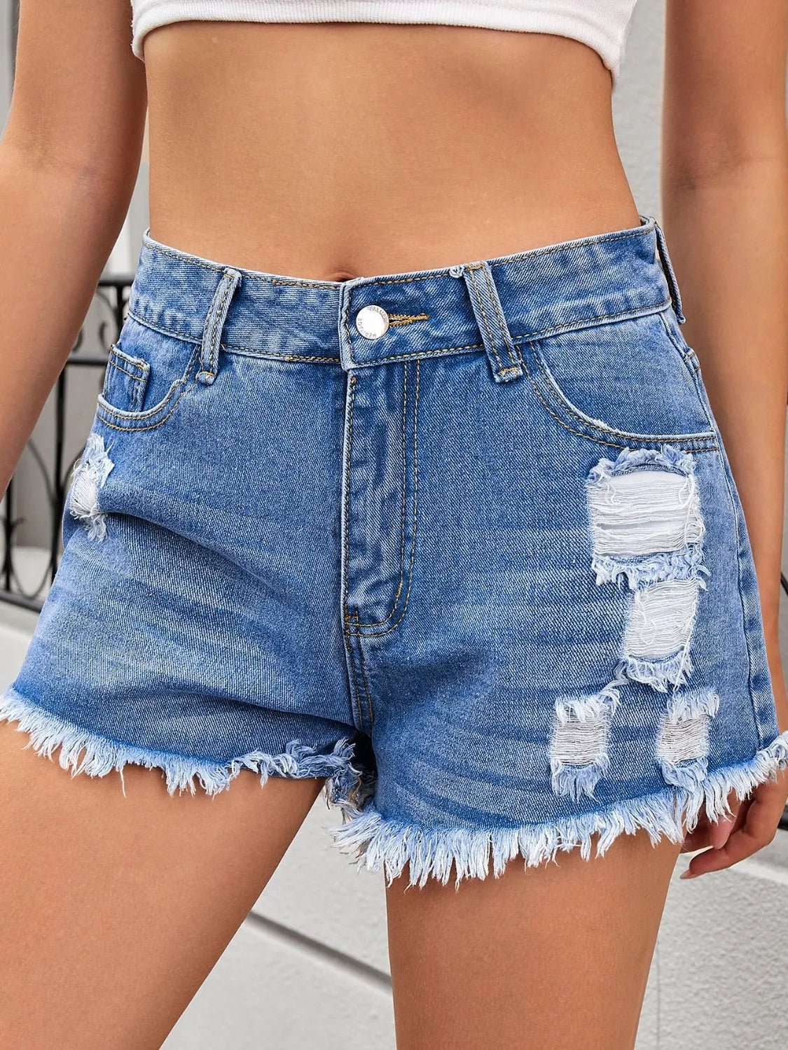 Distressed Raw Hem Denim Shorts - Aura Apparel