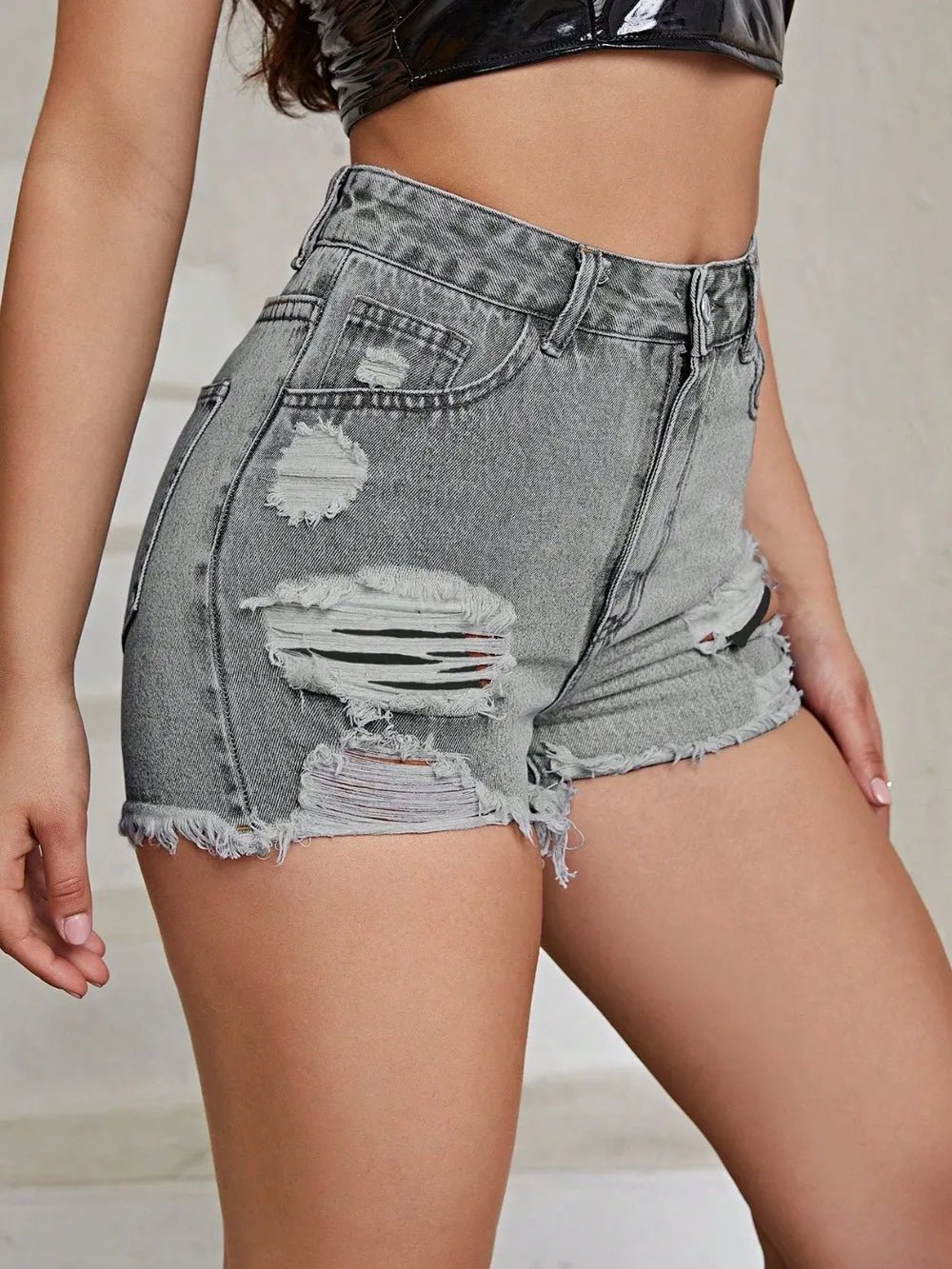 Distressed Raw Hem High Rise Denim Shorts - Aura Apparel