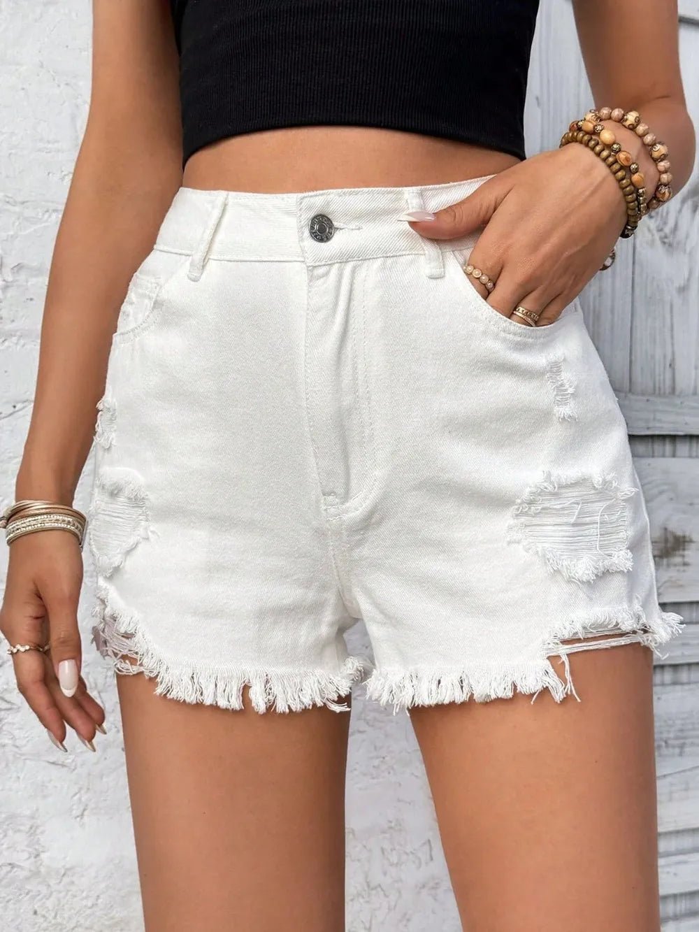 Distressed Raw Hem High Rise Denim Shorts - Aura Apparel