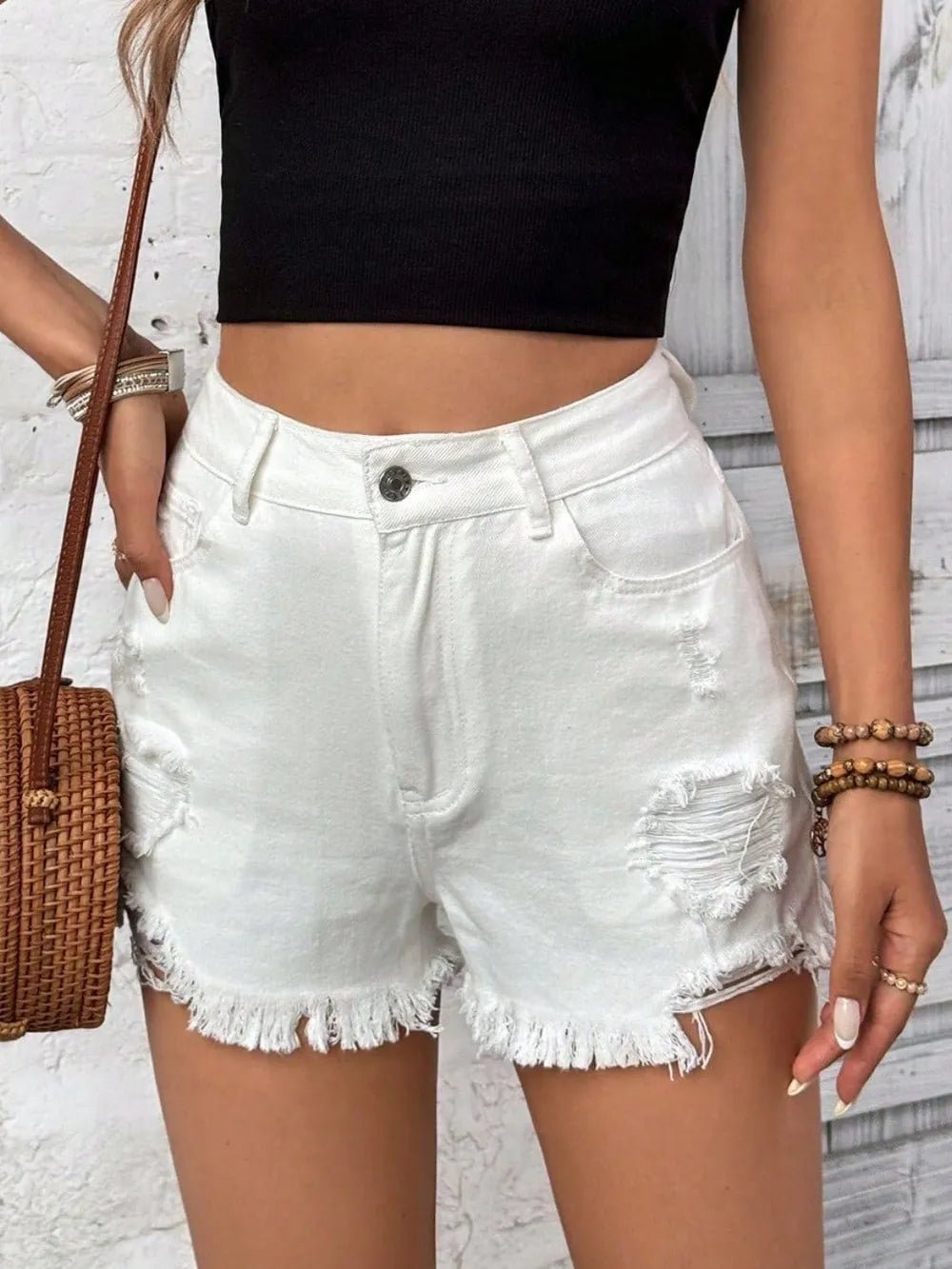Distressed Raw Hem High Rise Denim Shorts - Aura Apparel
