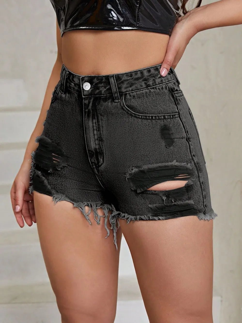 Distressed Raw Hem High Rise Denim Shorts - Aura Apparel