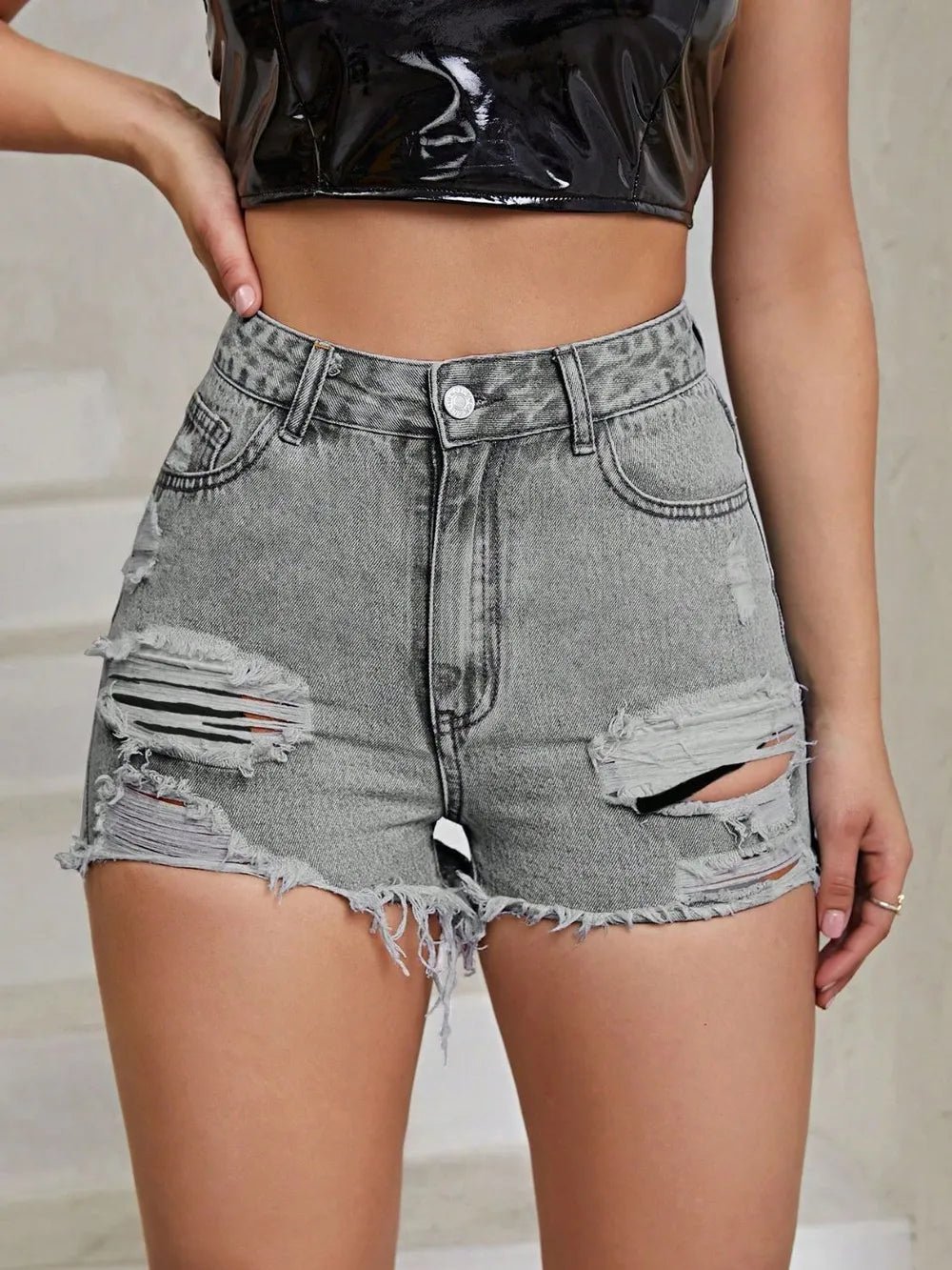 Distressed Raw Hem High Rise Denim Shorts - Aura Apparel