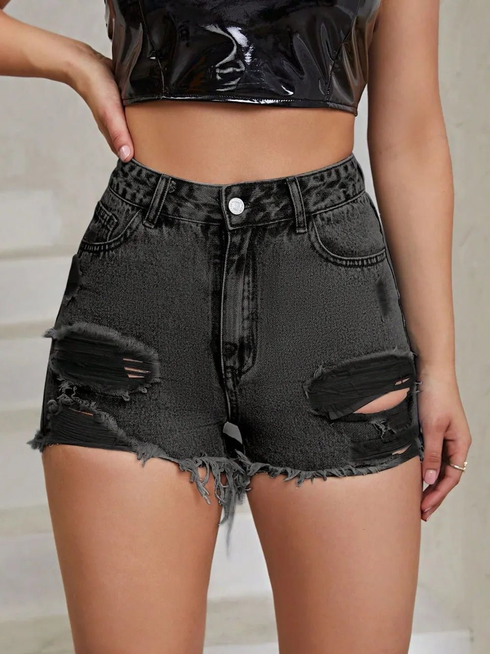 Distressed Raw Hem High Rise Denim Shorts - Aura Apparel