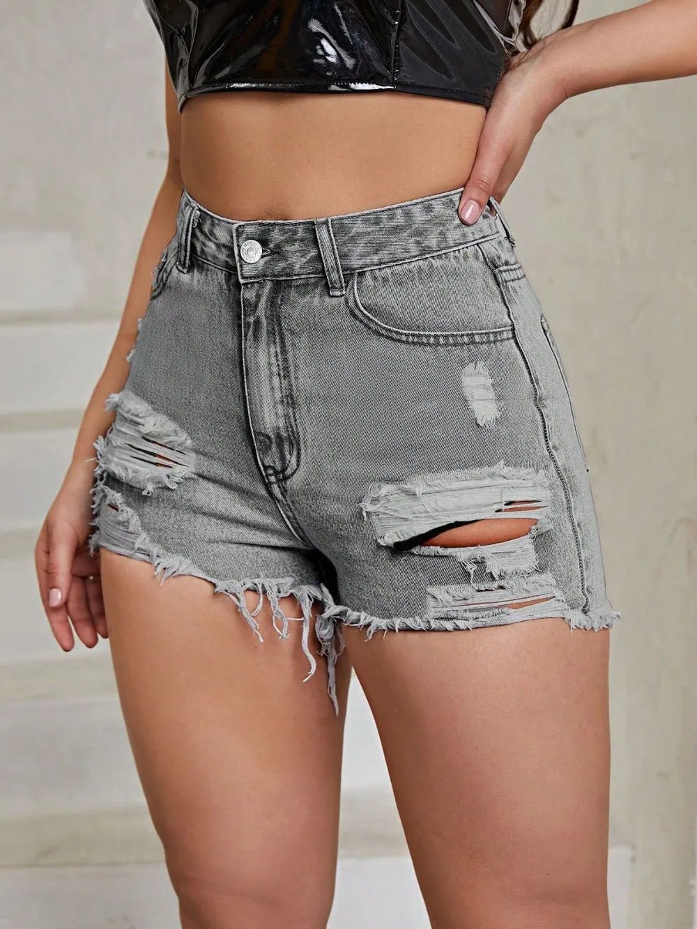 Distressed Raw Hem High Rise Denim Shorts - Aura Apparel