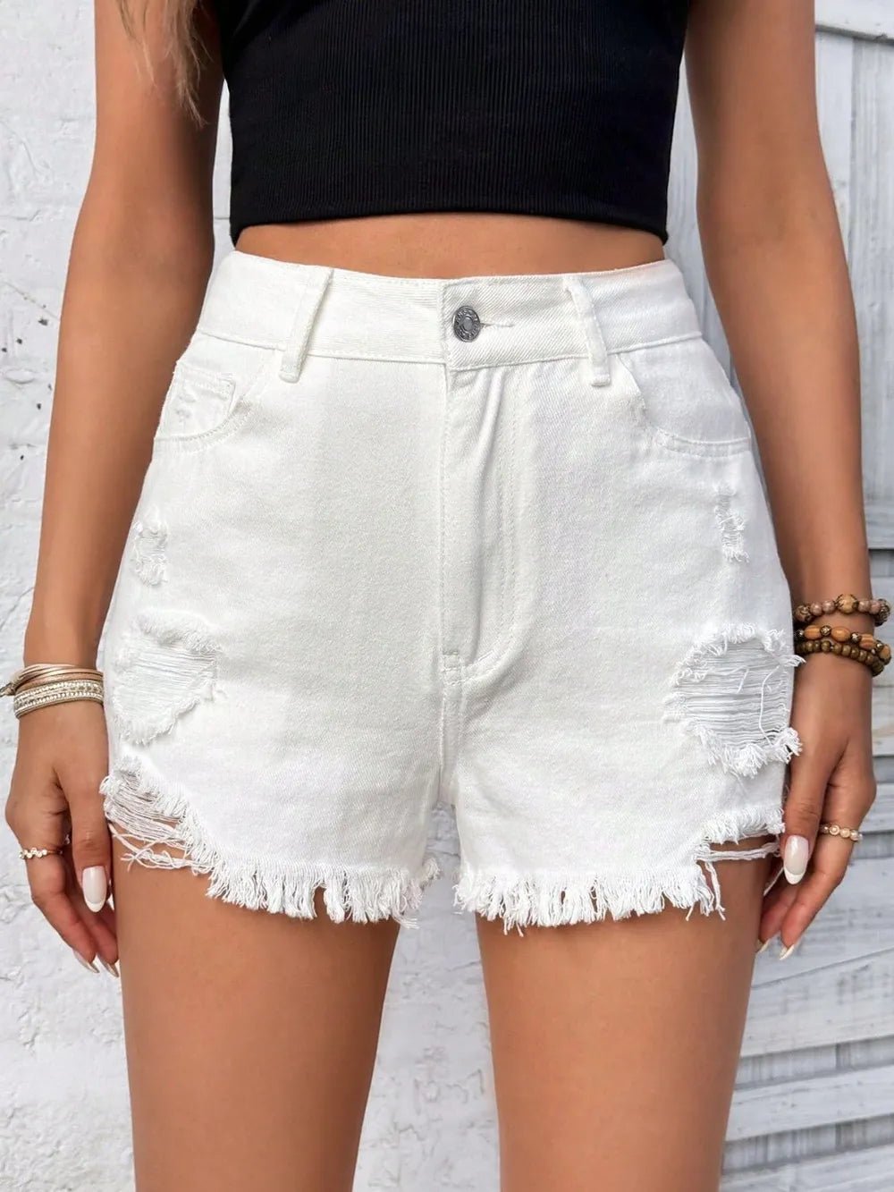 Distressed Raw Hem High Rise Denim Shorts - Aura Apparel