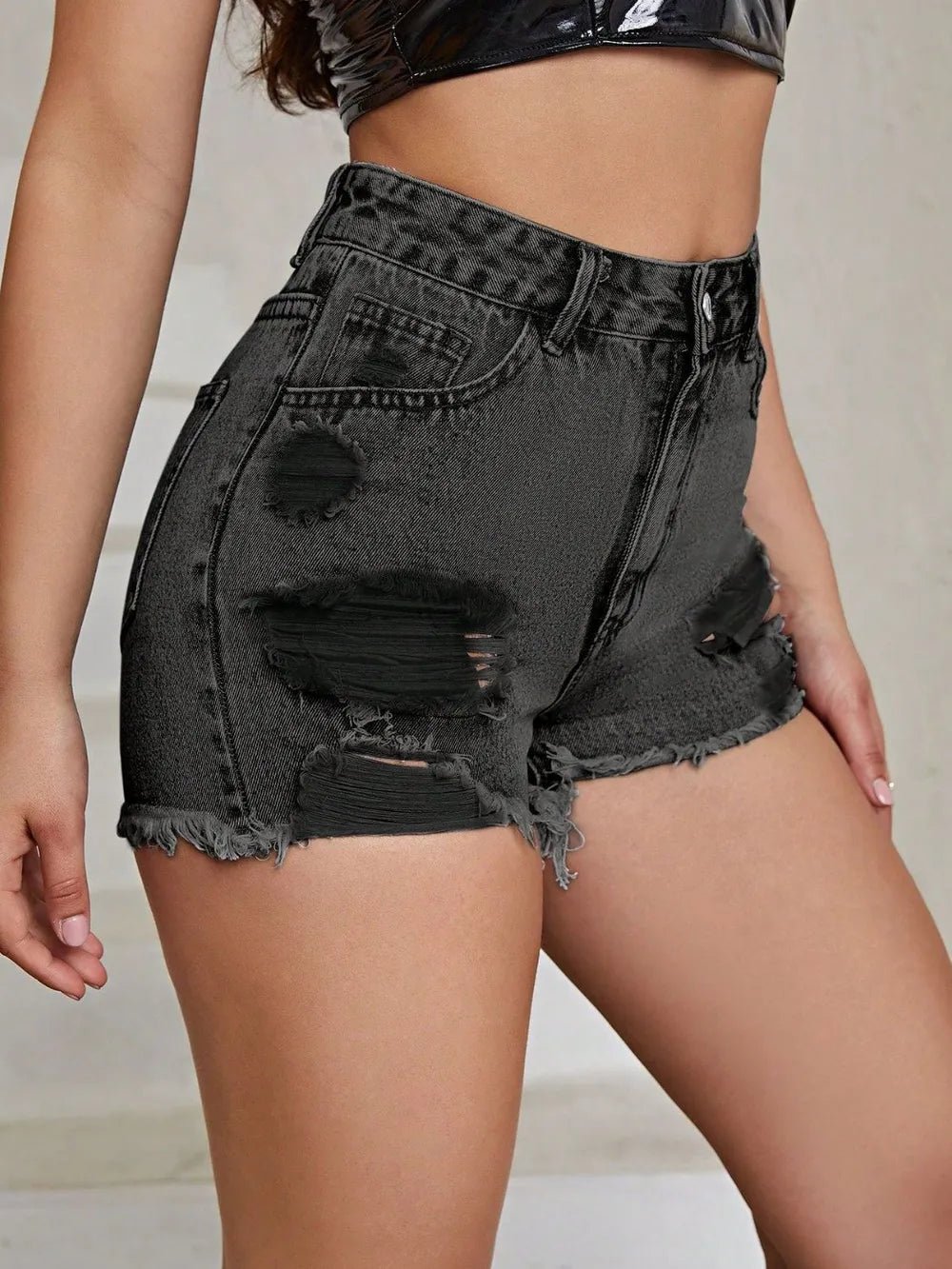 Distressed Raw Hem High Rise Denim Shorts - Aura Apparel