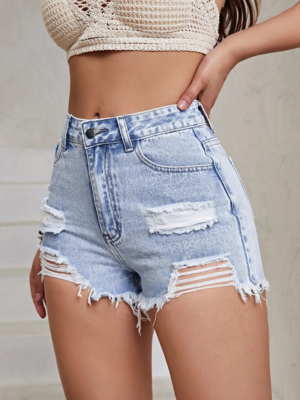 Distressed Raw Hem High Waist Denim Shorts - Aura Apparel