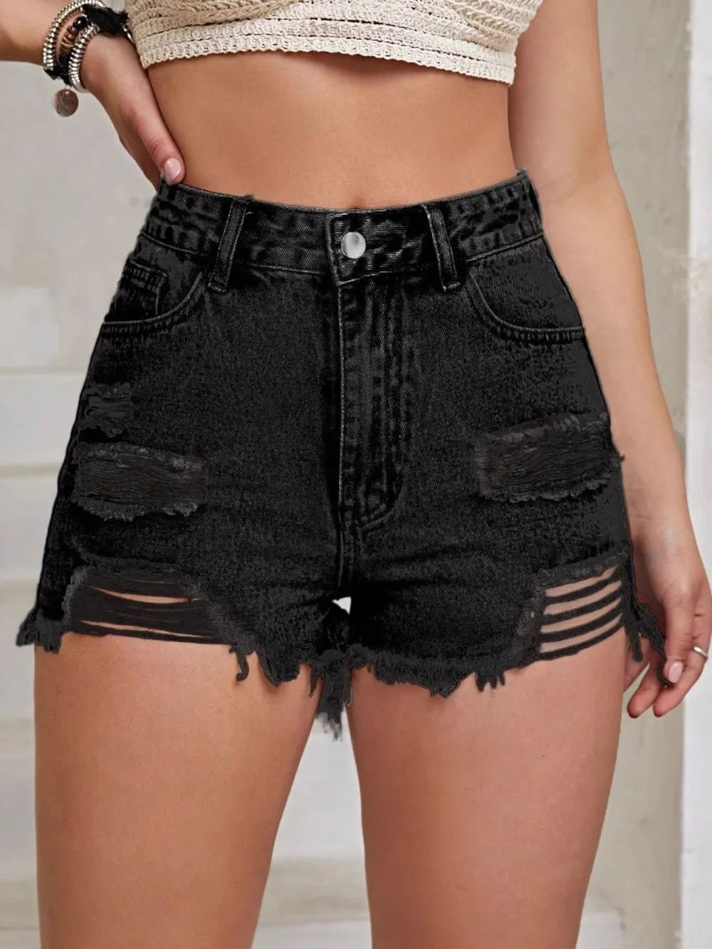 Distressed Raw Hem High Waist Denim Shorts - Aura Apparel