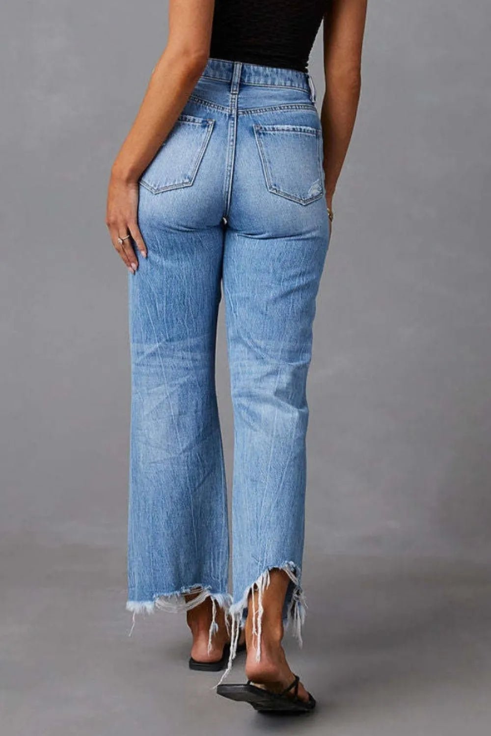 Distressed Raw Hem Jeans with Pockets - Aura Apparel