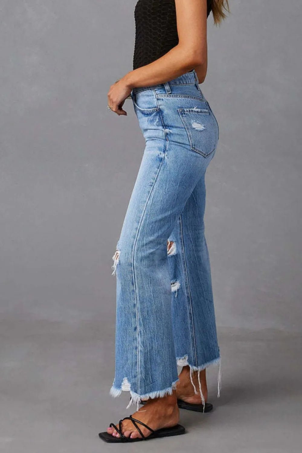 Distressed Raw Hem Jeans with Pockets - Aura Apparel