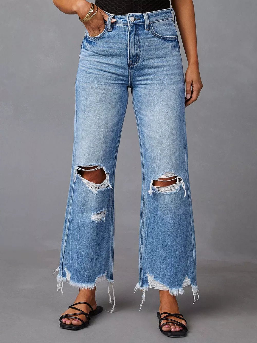 Distressed Raw Hem Jeans with Pockets - Aura Apparel