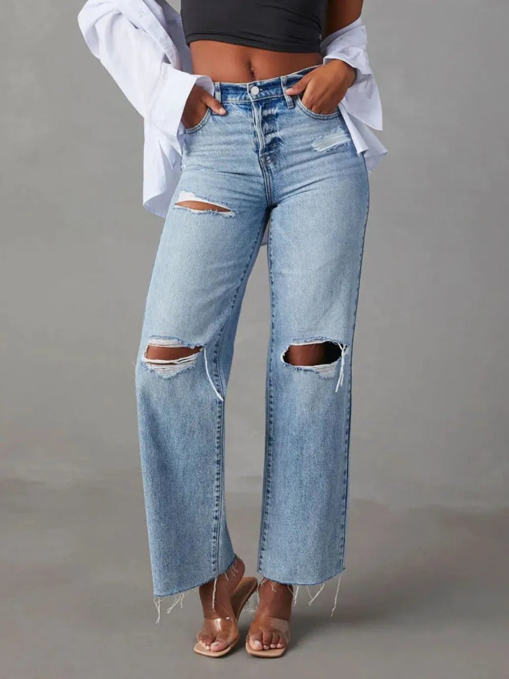 Distressed Straight Leg Jeans with Pockets - Aura Apparel