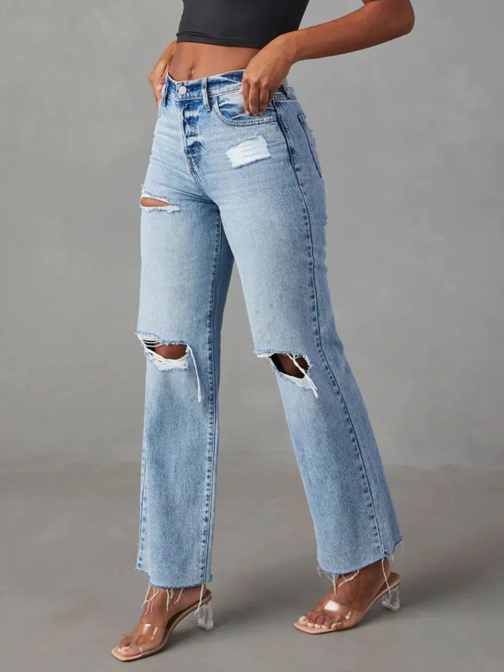 Distressed Straight Leg Jeans with Pockets - Aura Apparel