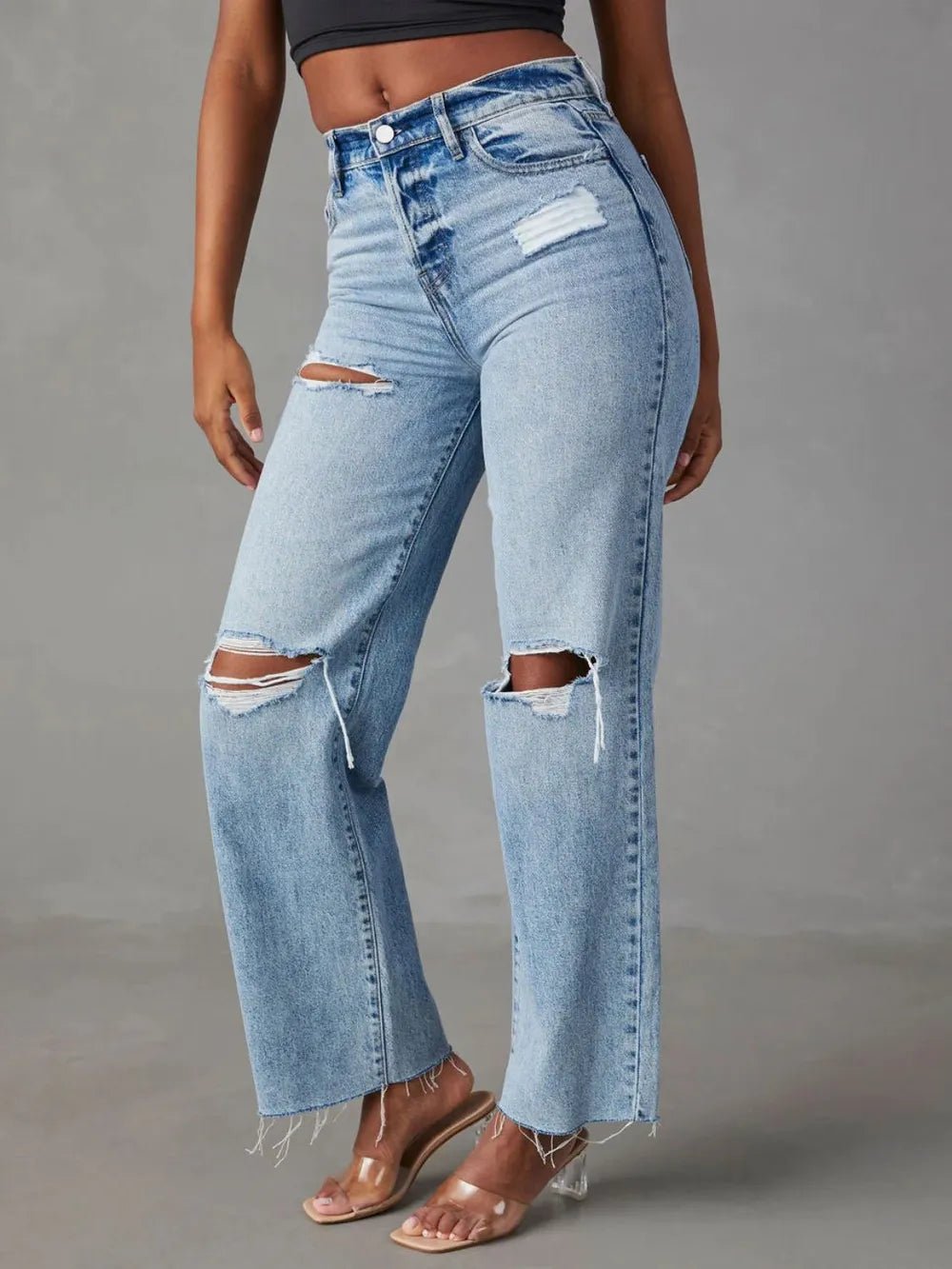 Distressed Straight Leg Jeans with Pockets - Aura Apparel