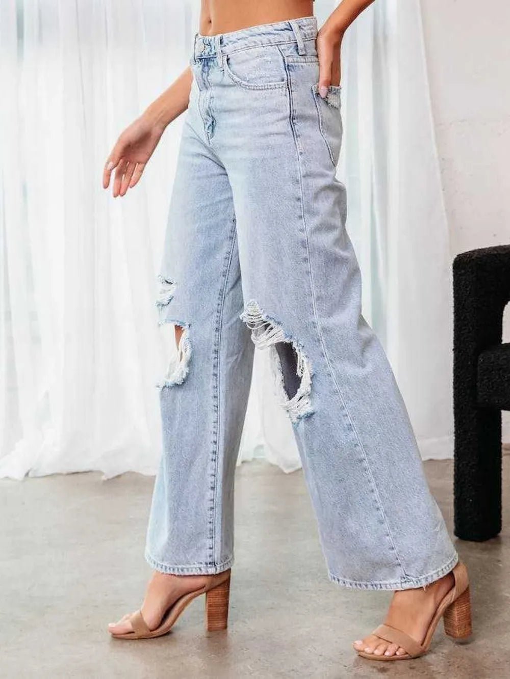 Distressed Wide Leg Jeans with Pockets - Aura Apparel