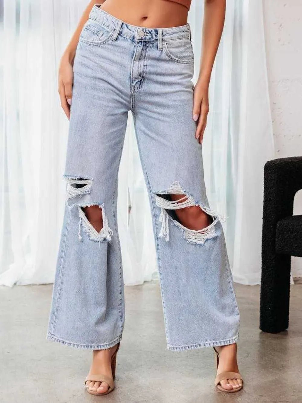 Distressed Wide Leg Jeans with Pockets - Aura Apparel