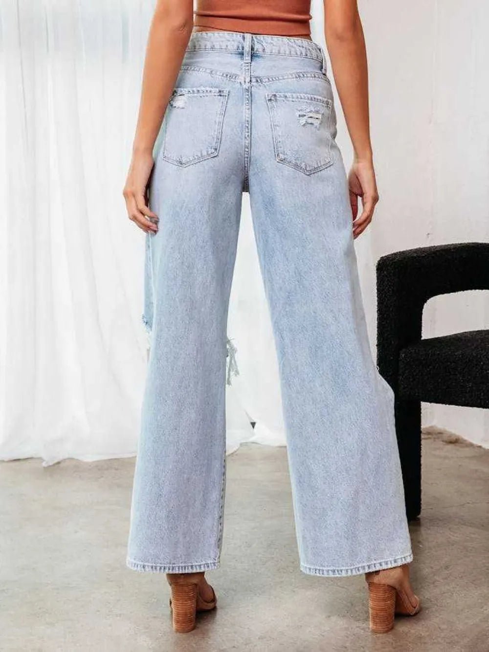 Distressed Wide Leg Jeans with Pockets - Aura Apparel