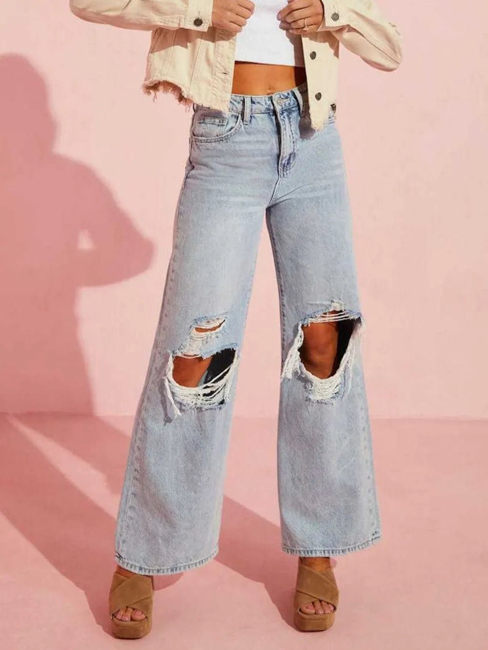 Distressed Wide Leg Jeans with Pockets - Aura Apparel
