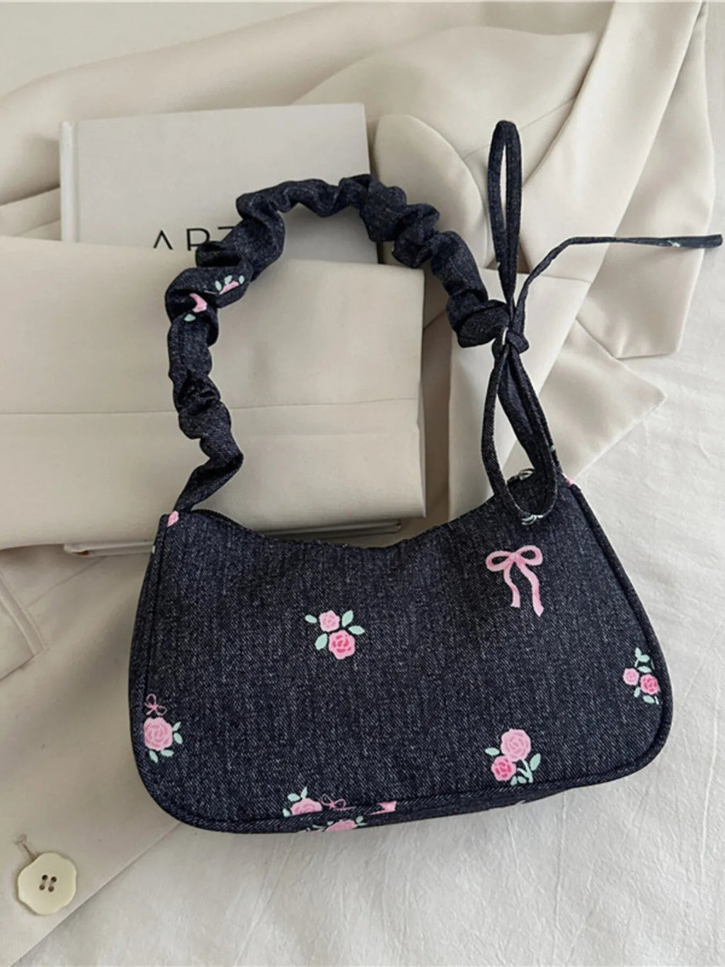 Embroidered Ruched Strap Shoulder Bag - Aura Apparel