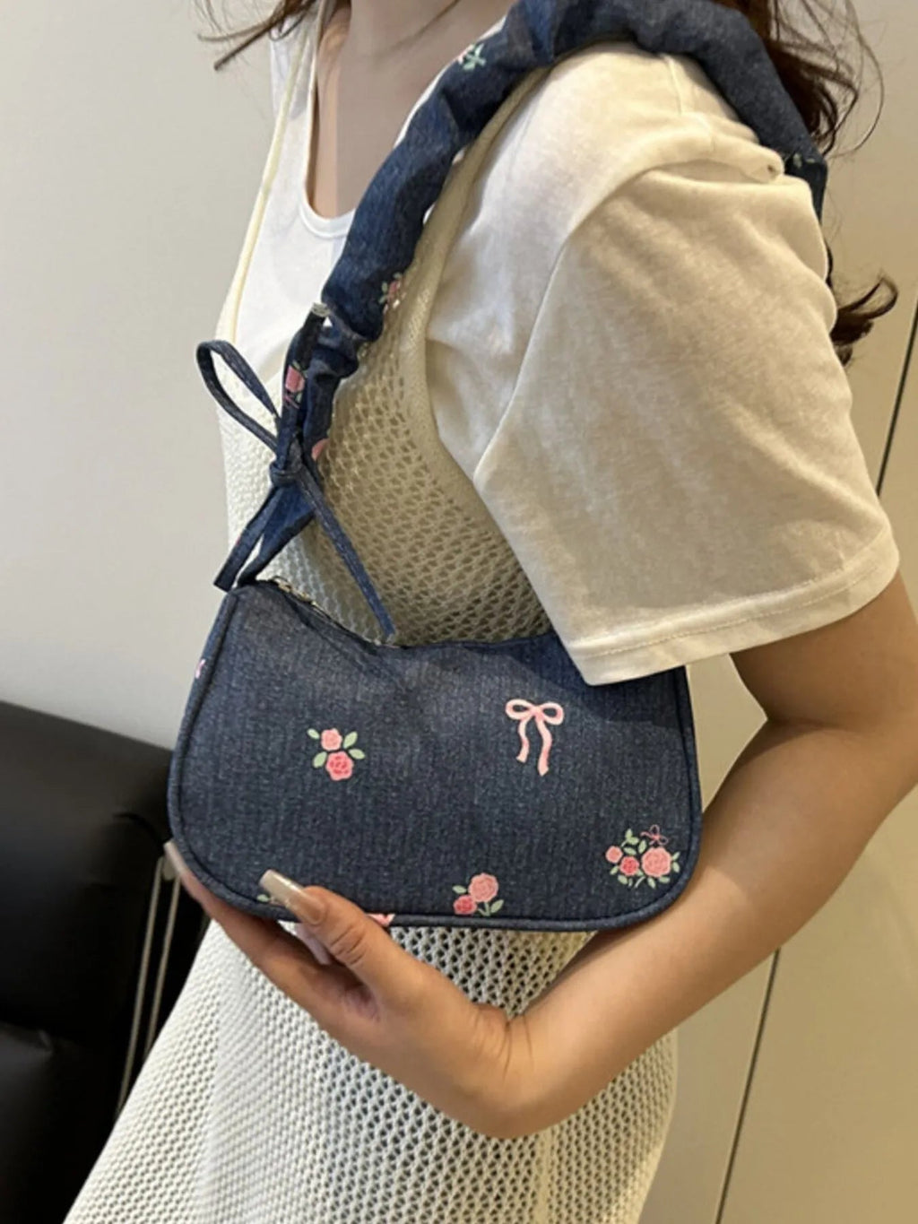 Embroidered Ruched Strap Shoulder Bag - Aura Apparel