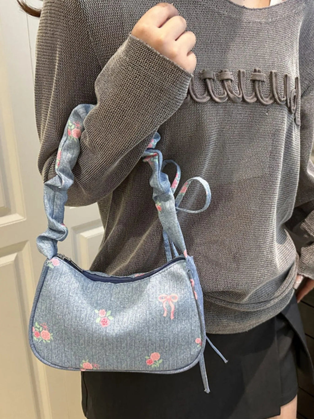 Embroidered Ruched Strap Shoulder Bag - Aura Apparel