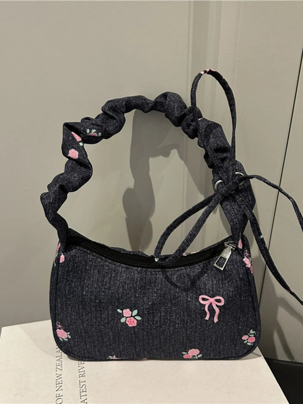 Embroidered Ruched Strap Shoulder Bag - Aura Apparel