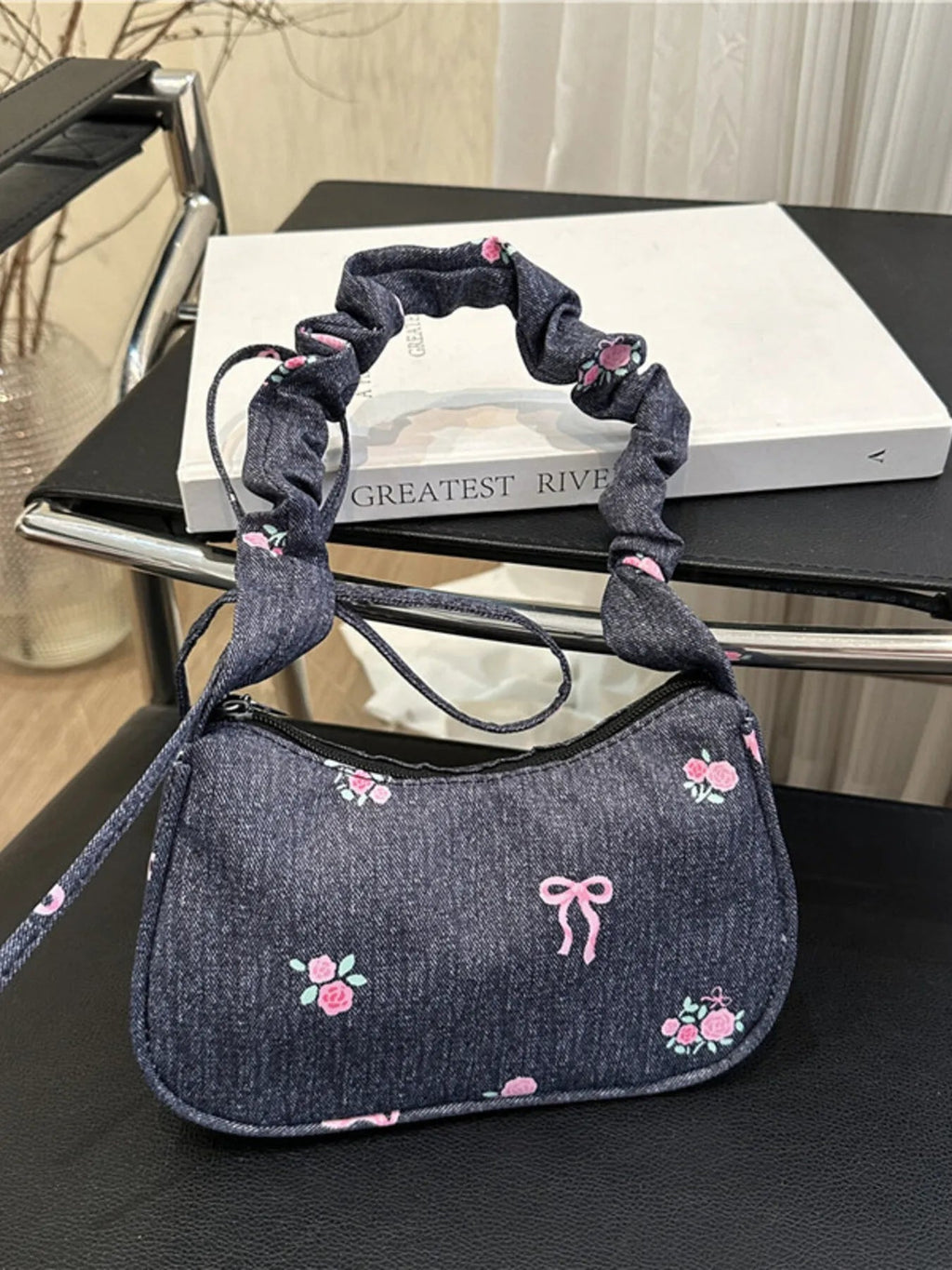 Embroidered Ruched Strap Shoulder Bag - Aura Apparel