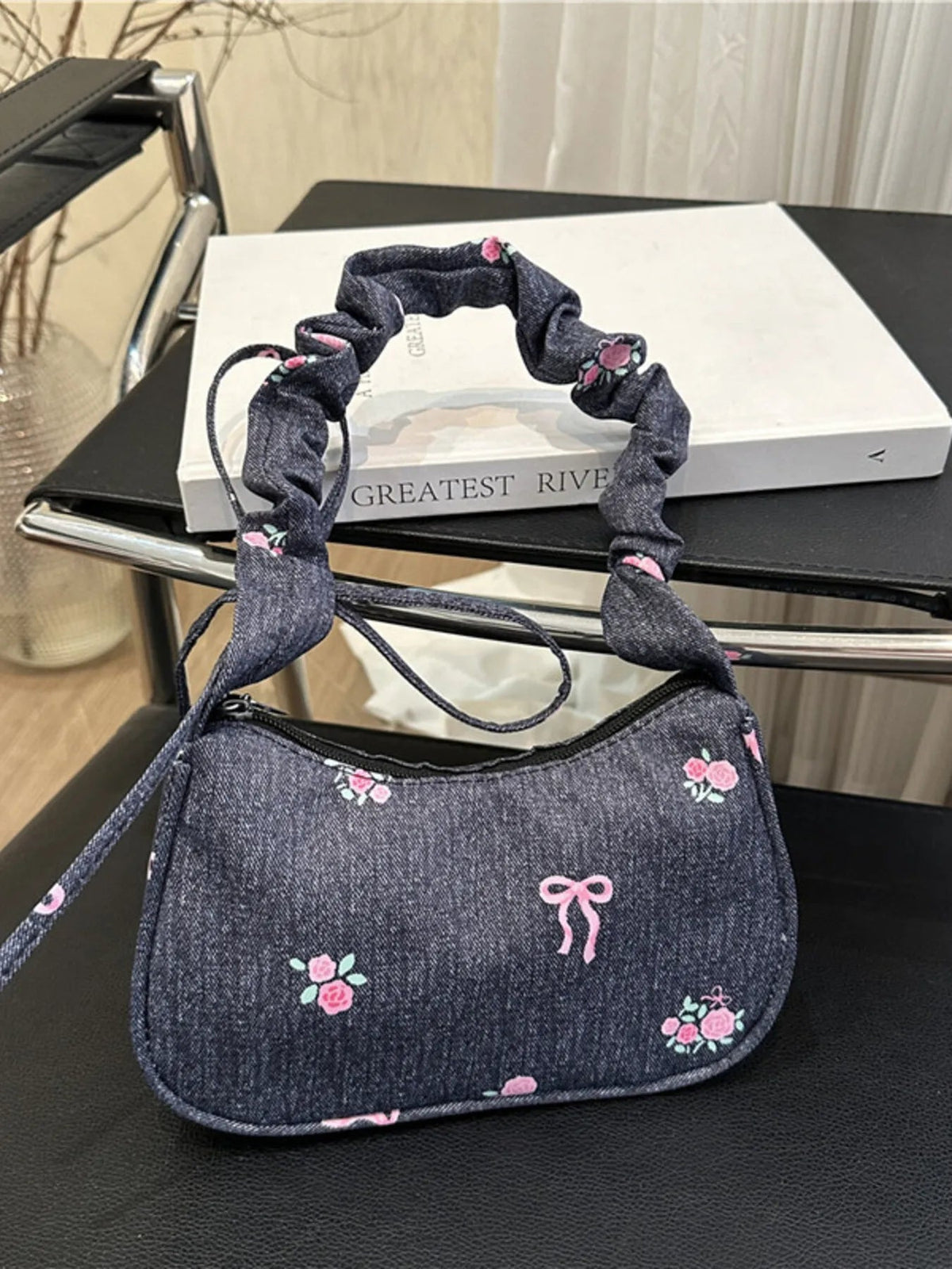 Embroidered Ruched Strap Shoulder Bag - Aura Apparel