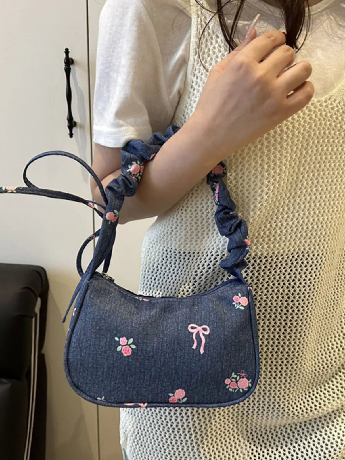 Embroidered Ruched Strap Shoulder Bag - Aura Apparel