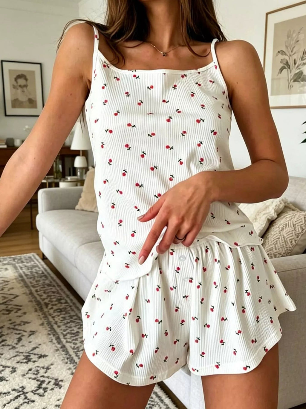 Floral Print Ribbed Knit Cami and Shorts Lounge Set - Aura Apparel