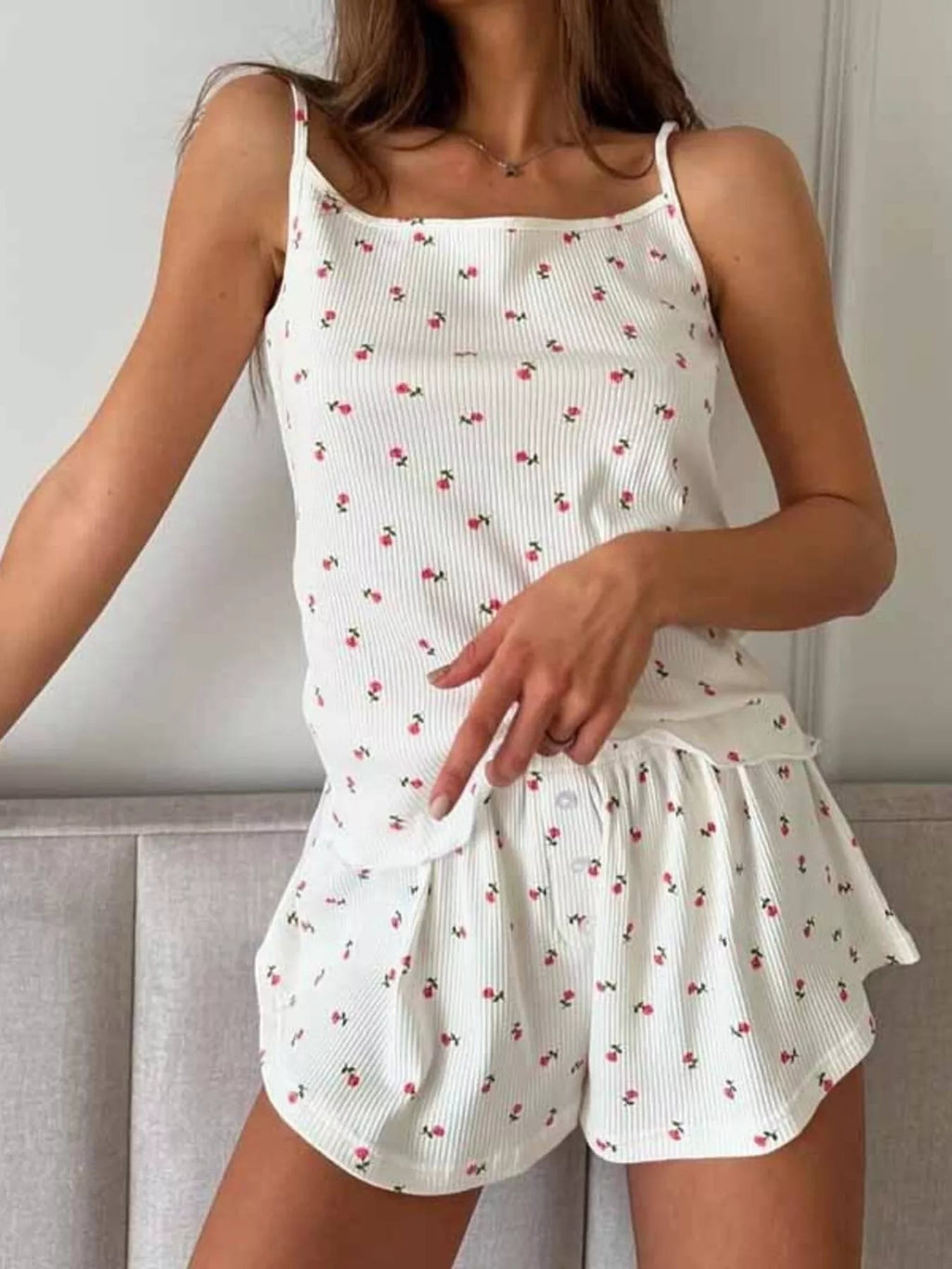 Floral Print Ribbed Knit Cami and Shorts Lounge Set - Aura Apparel