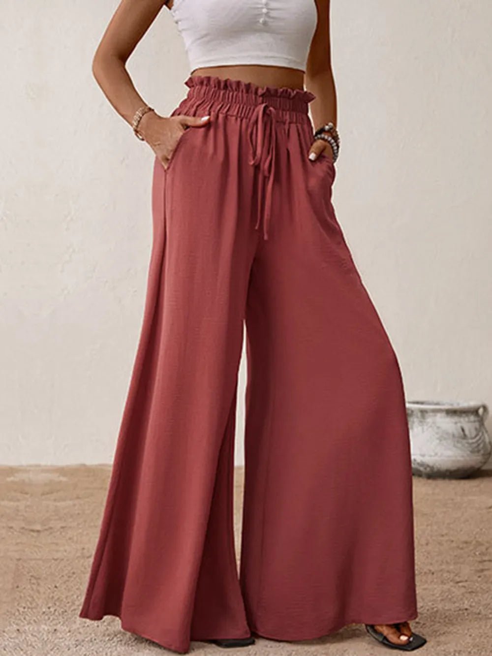 Frill Tied Wide Leg Pants - Aura Apparel