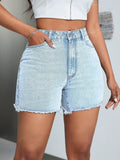 High-Waisted Raw Hem Denim Shorts - Aura Apparel