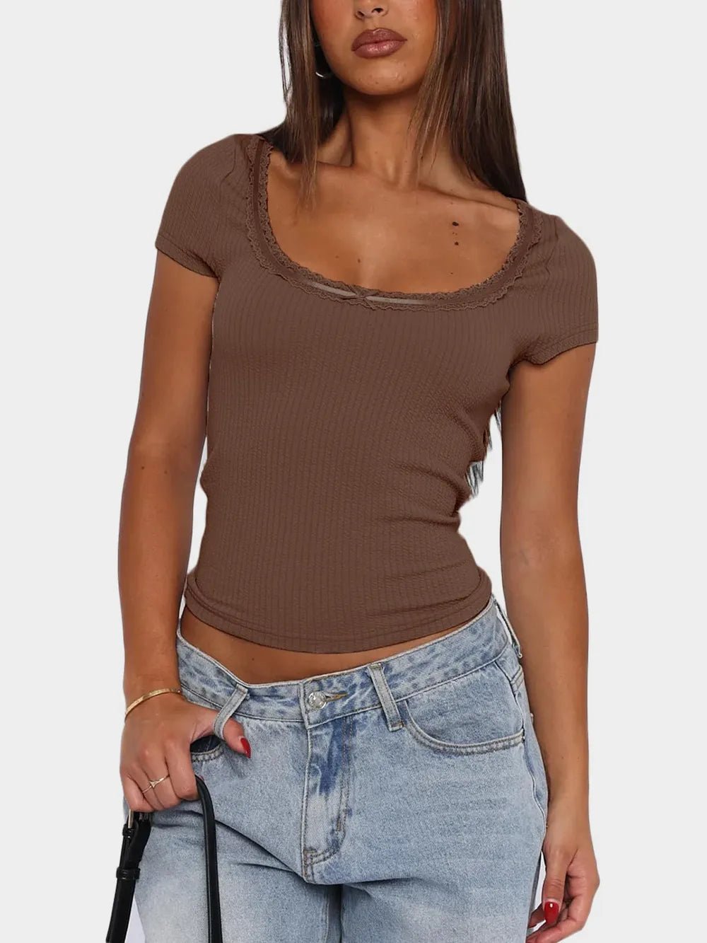 Lace Detail Scoop Neck Short Sleeve T-Shirt - Aura Apparel