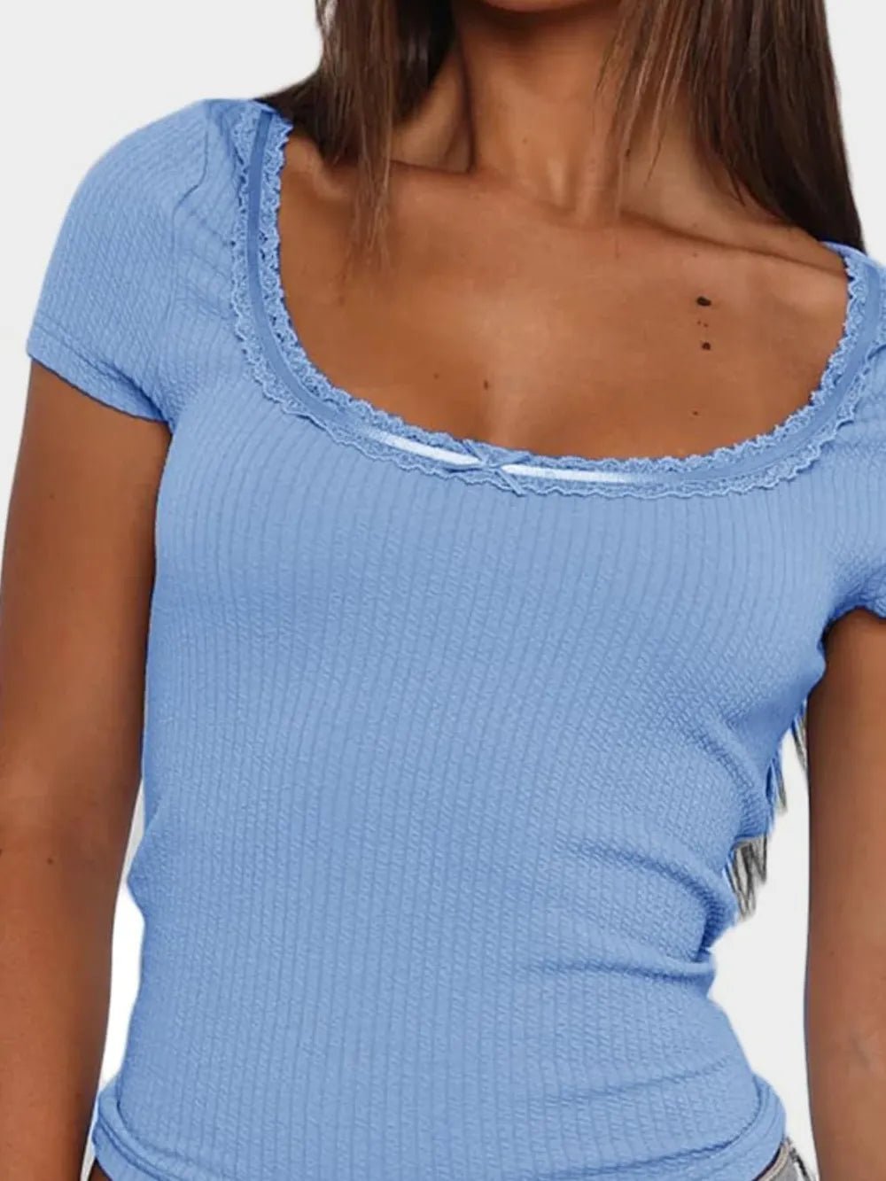 Lace Detail Scoop Neck Short Sleeve T-Shirt - Aura Apparel