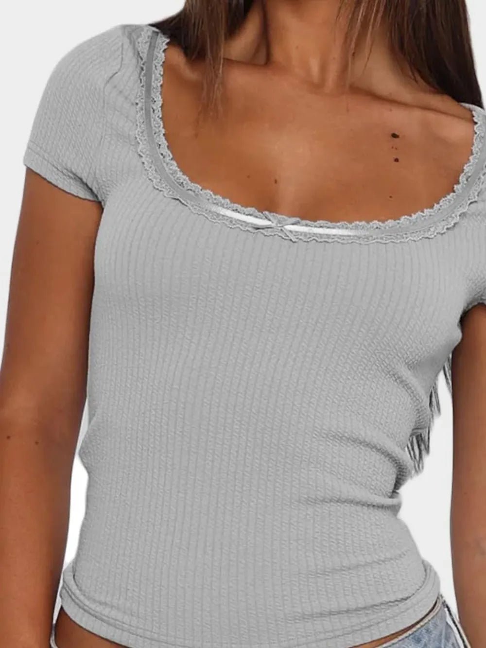 Lace Detail Scoop Neck Short Sleeve T-Shirt - Aura Apparel