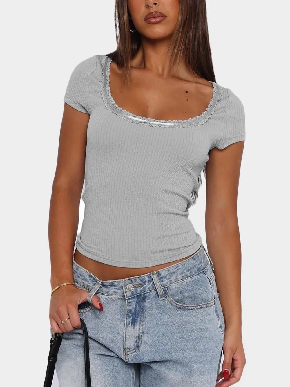 Lace Detail Scoop Neck Short Sleeve T-Shirt - Aura Apparel