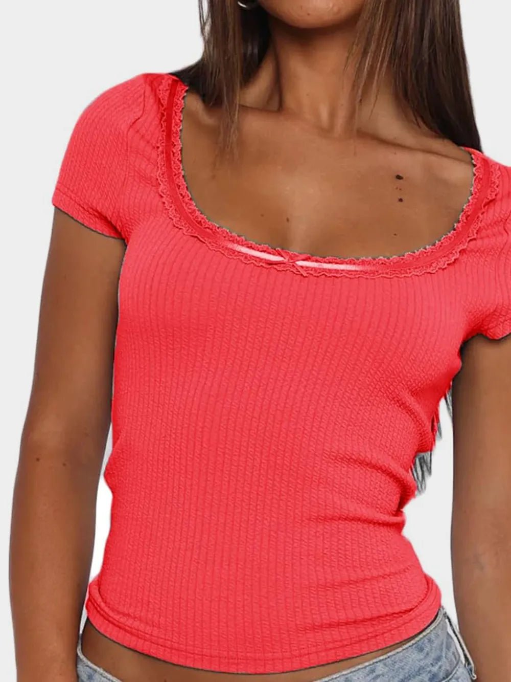 Lace Detail Scoop Neck Short Sleeve T-Shirt - Aura Apparel