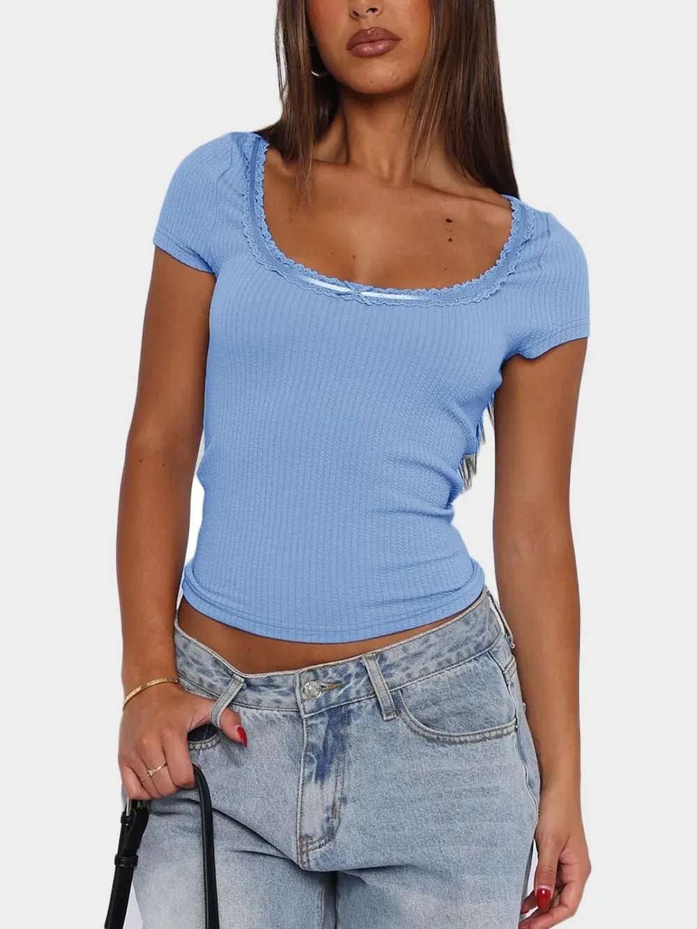 Lace Detail Scoop Neck Short Sleeve T-Shirt - Aura Apparel