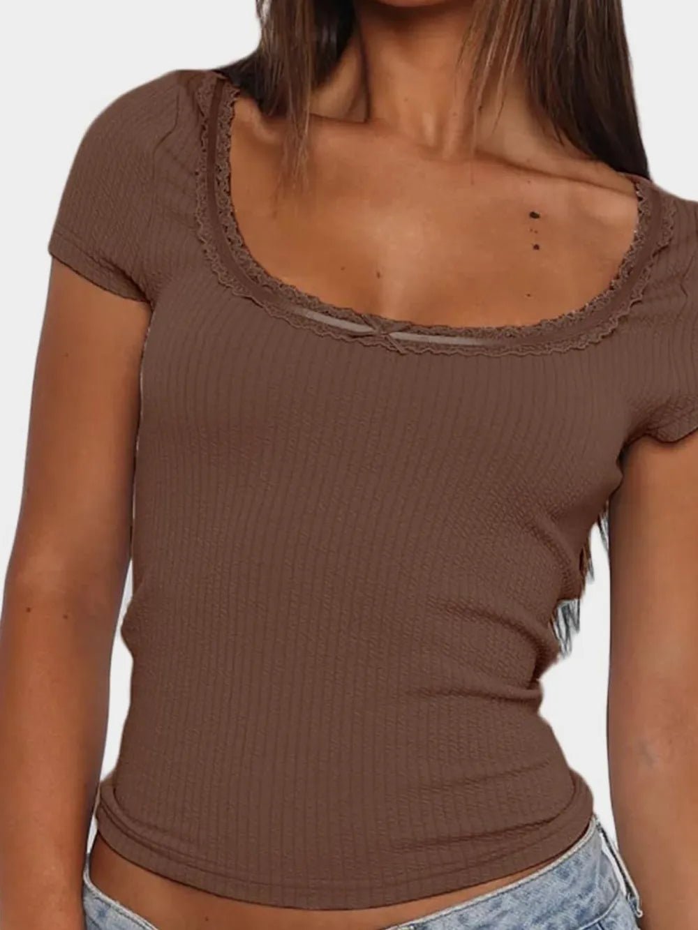 Lace Detail Scoop Neck Short Sleeve T-Shirt - Aura Apparel