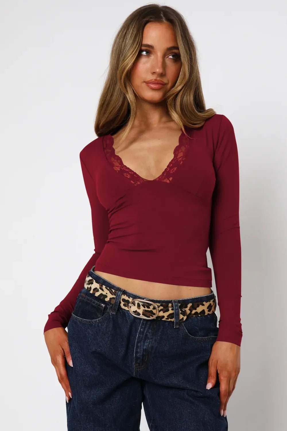 Lace Detail V-Neck Long Sleeve T-Shirt - Aura Apparel