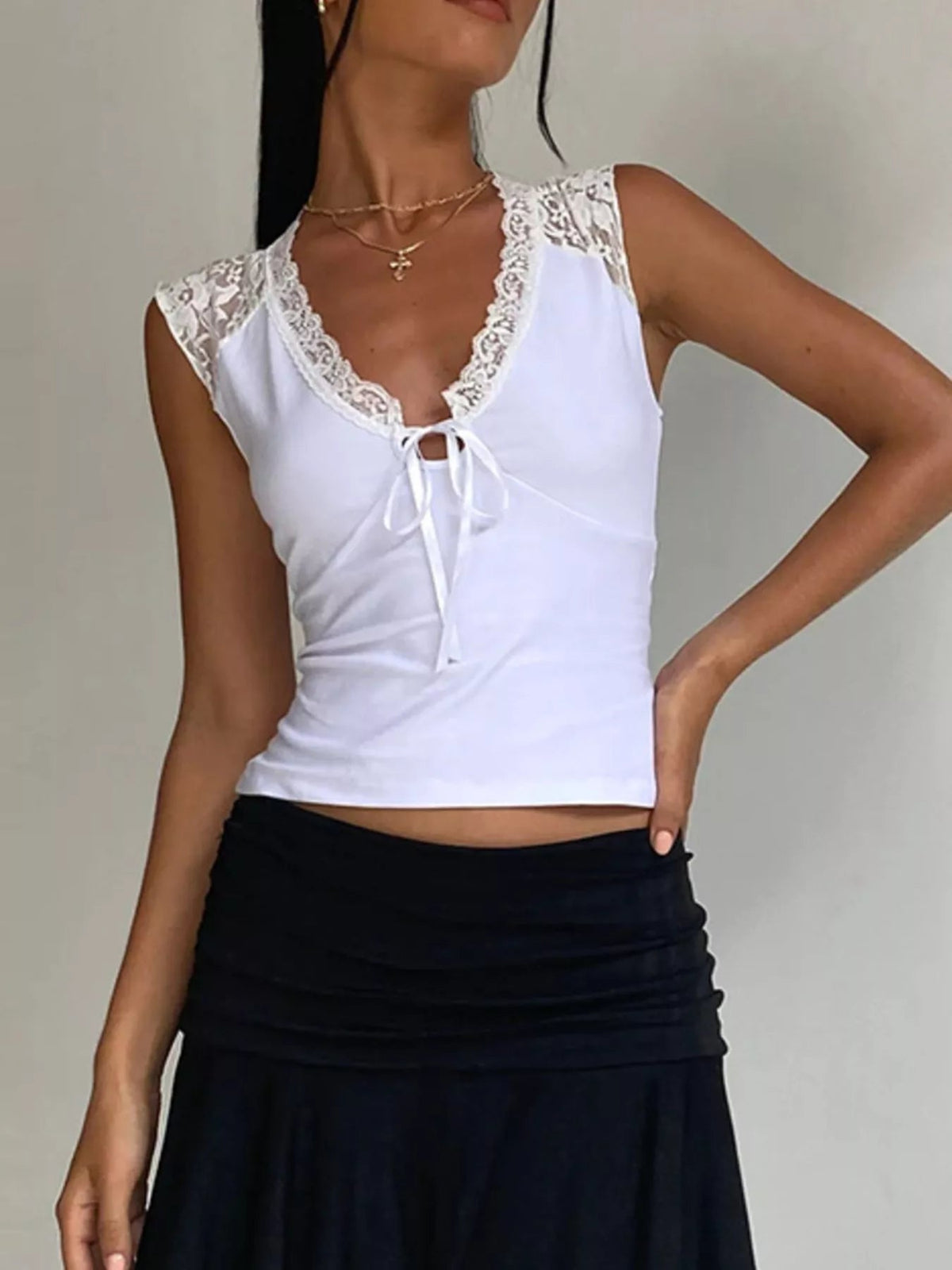 Lace Trim V-Neck Sleeveless Tank Top with Front Tie - Aura Apparel