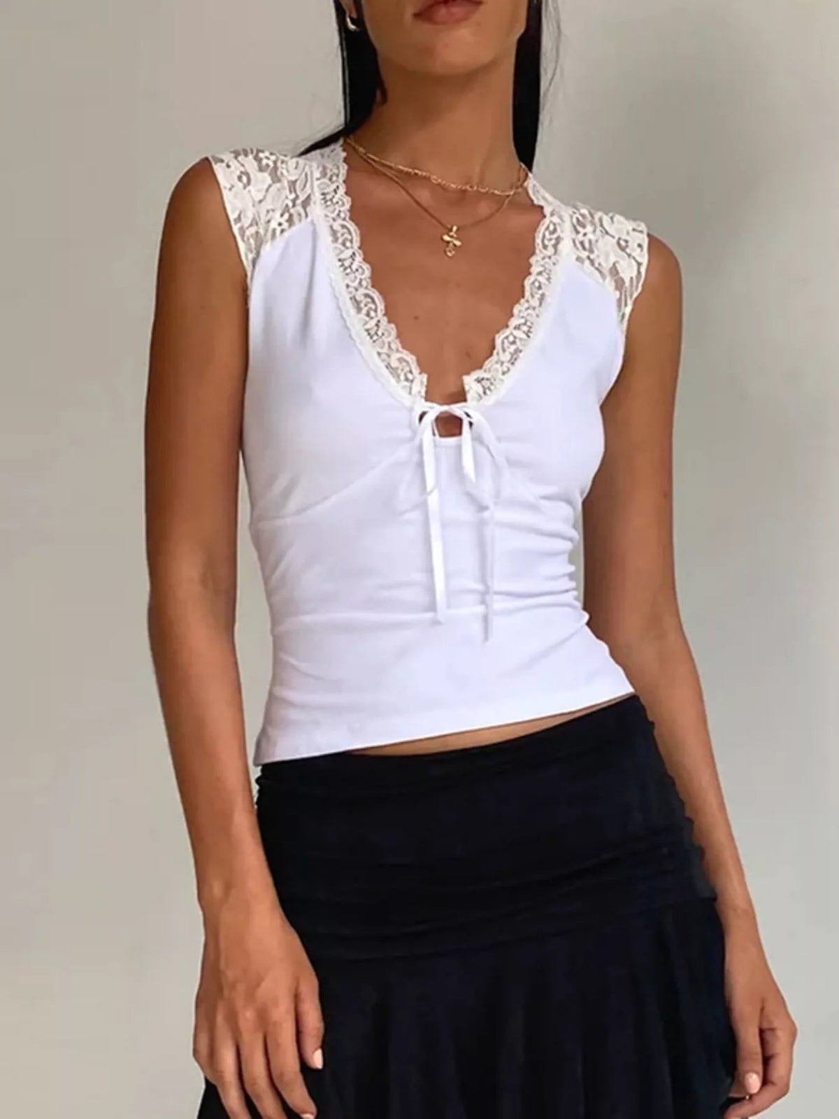 Lace Trim V-Neck Sleeveless Tank Top with Front Tie - Aura Apparel