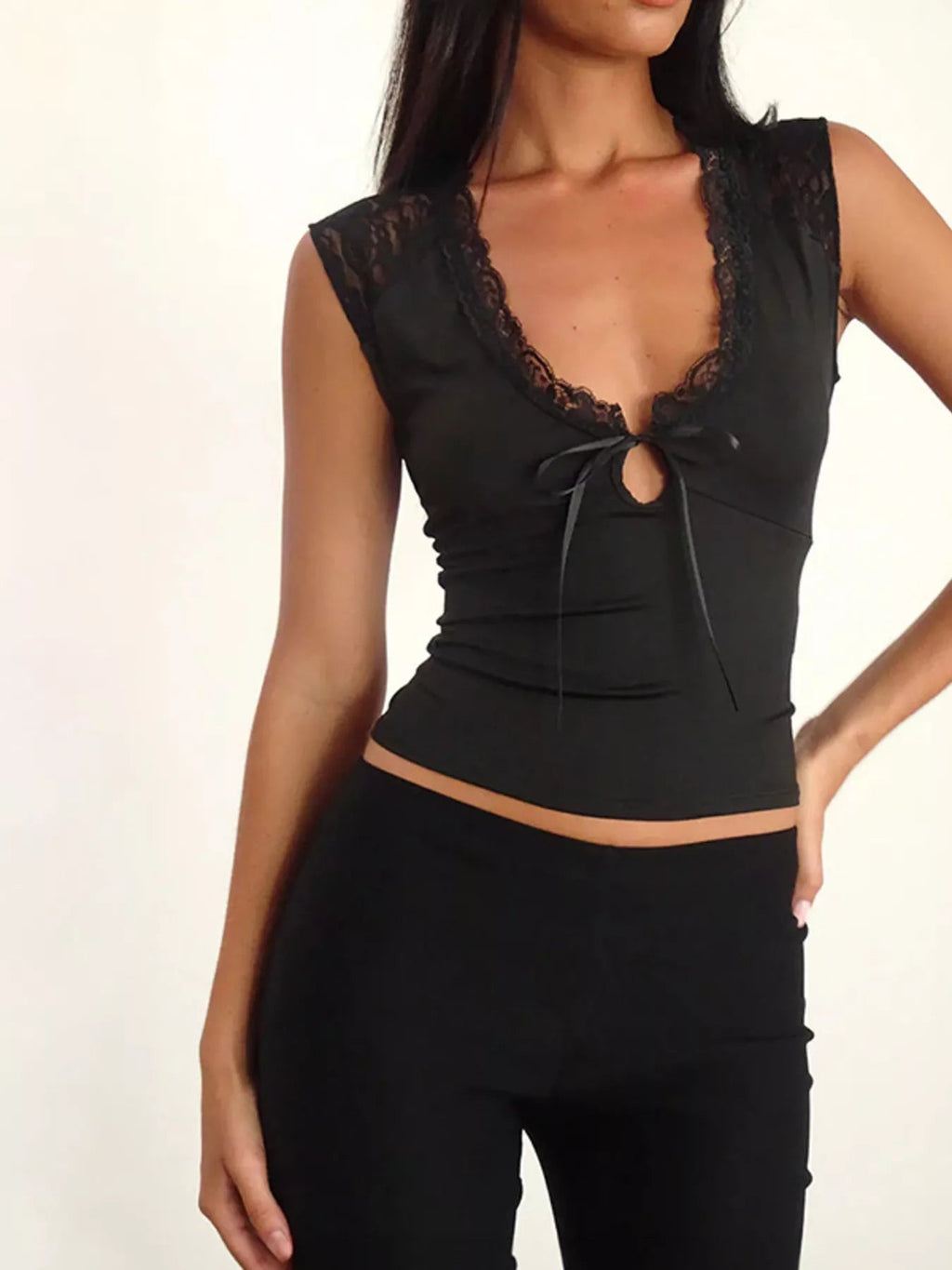 Lace Trim V-Neck Sleeveless Tank Top with Front Tie - Aura Apparel