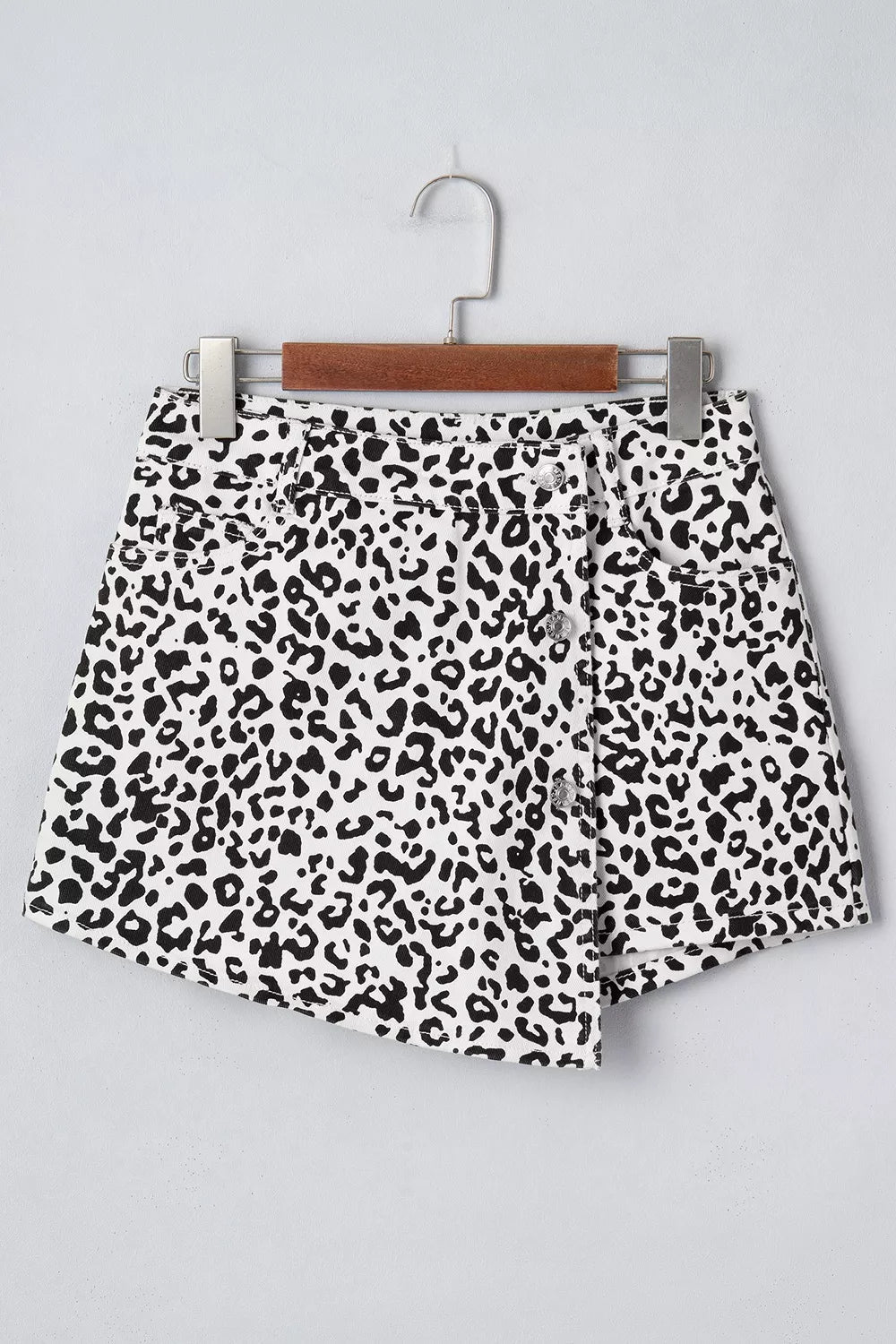 Leopard Print Button Overlap Denim Shorts - Aura Apparel